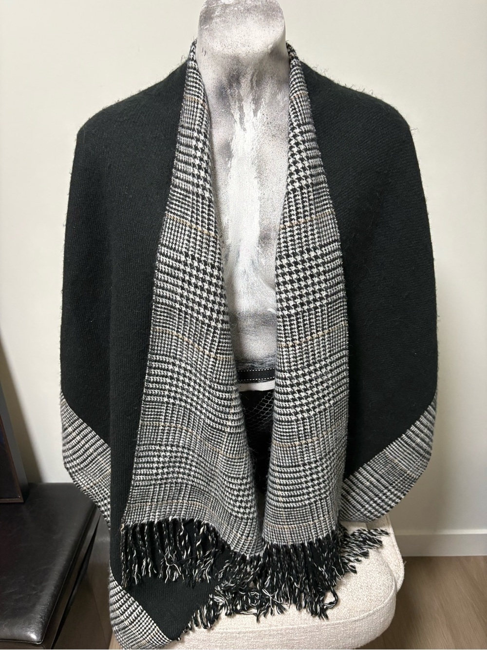 Source Unknown Black & Gray Plaid Reversible Cape Coat